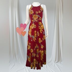 NEW! Elegant Floral Maxi Dress - Burgundy and Mustard